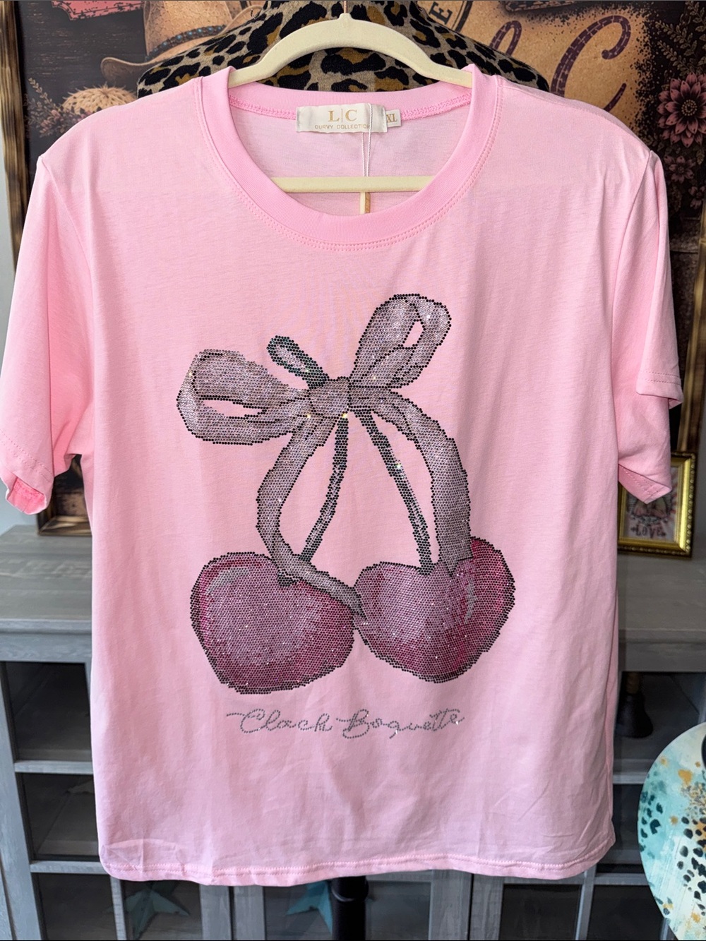 NWT LIZETTE COLLECTION Pink Cherry Heart Rhinestone Tee - Women's Size XL
